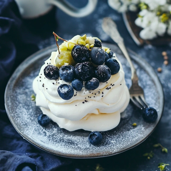 A plate of food with blueberries and cream.