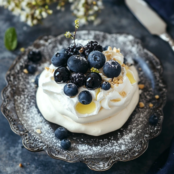 A blueberry dessert with whipped cream.