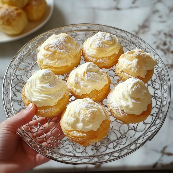 A plate of pastries with powdered sugar on top.