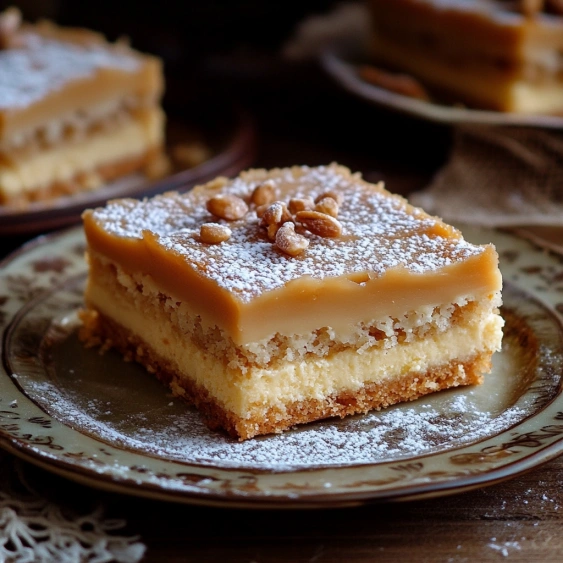 A slice of cake with nuts on top.