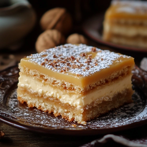 A slice of cake with powdered sugar on a plate.