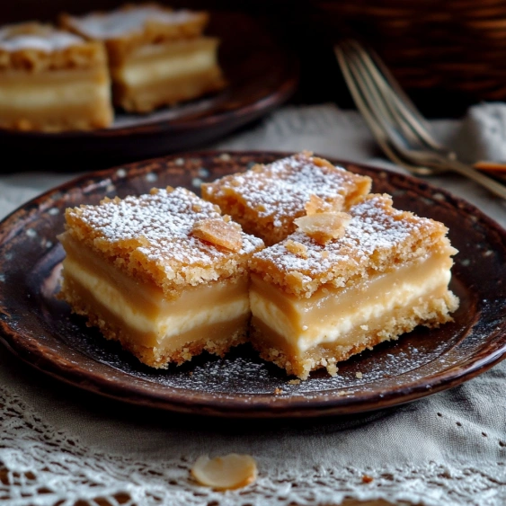 A plate of desserts with powdered sugar on top.