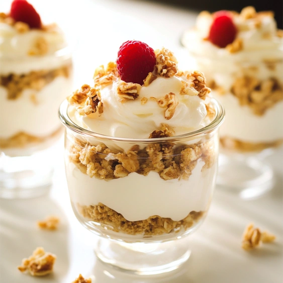 A glass of cereal with a red berry on top.