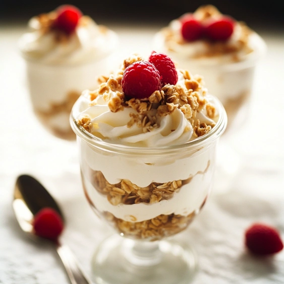 A glass of yogurt with granola and raspberries.