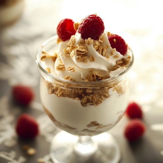 A glass of yogurt with granola and raspberries.