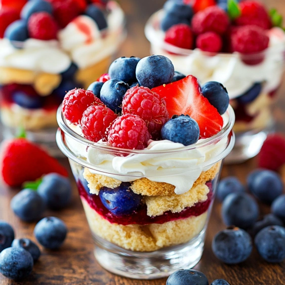 A glass of berries and whipped cream.