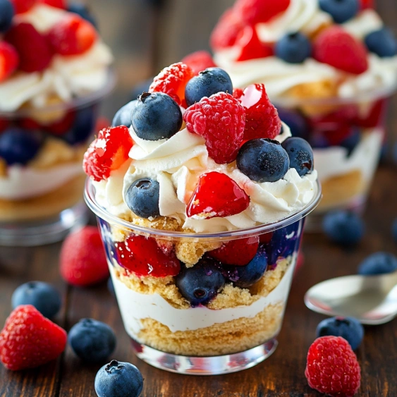 A cup of blueberry and raspberry dessert.