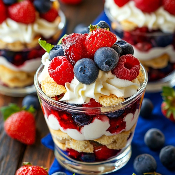 A glass of berries and whipped cream.