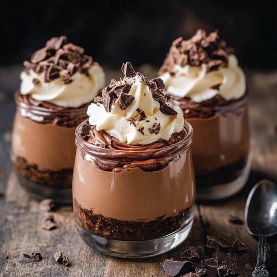 Three chocolate desserts with white whipped cream.