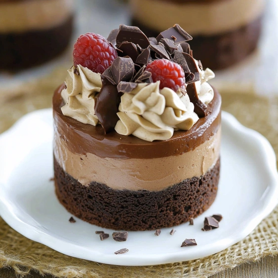 A chocolate dessert with raspberries on top.