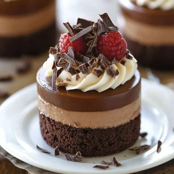 A chocolate cake with white frosting and raspberries on top.