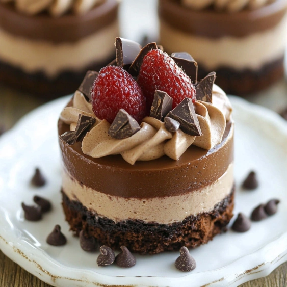 A slice of chocolate cake with strawberries on top.