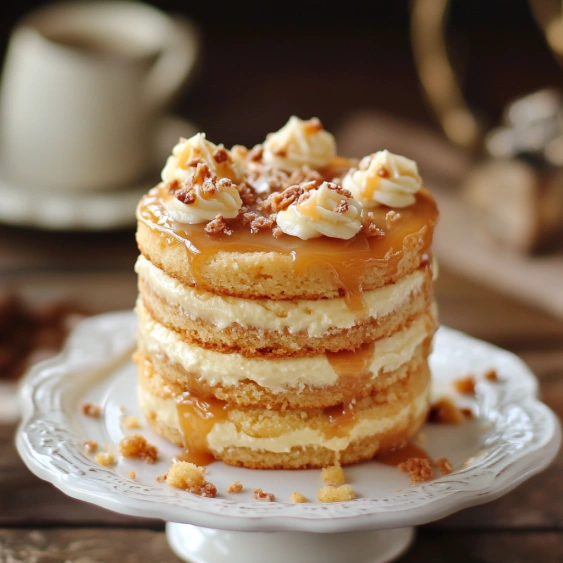 A stack of cake with caramel sauce on top.