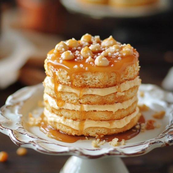 A stack of cake with caramel drizzle on top.