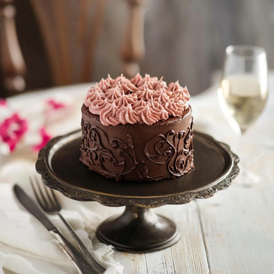 A chocolate cake with pink frosting on a plate.