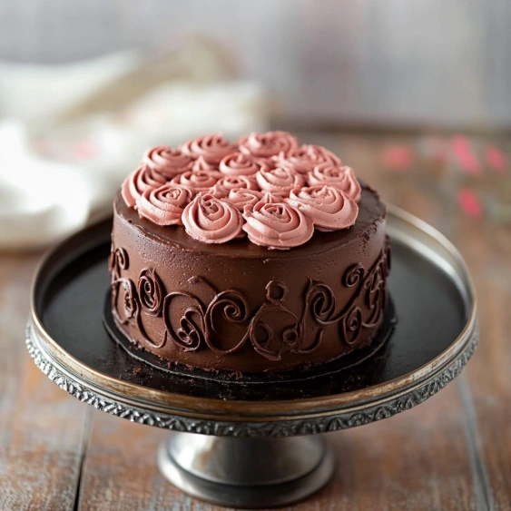 A chocolate cake with pink frosting.