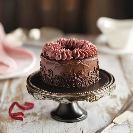 A chocolate cake with a pink frosting.