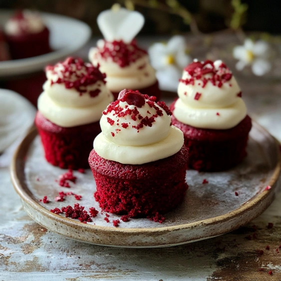 Red velvet cupcakes with white frosting.