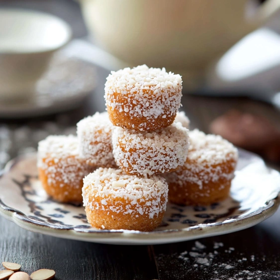 A plate of powdered sugar donuts.