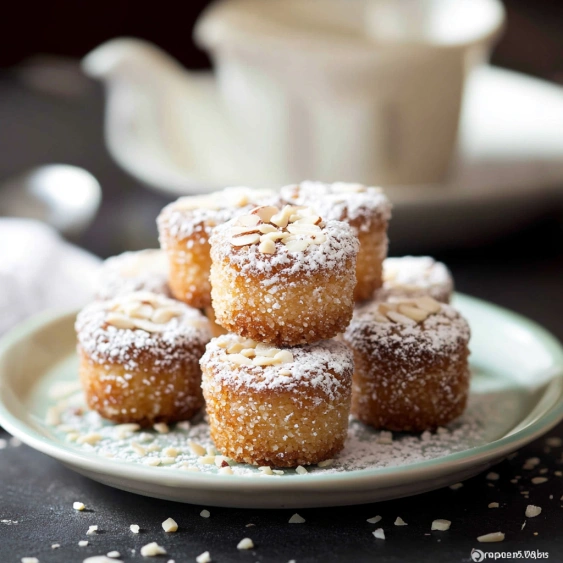 A plate of powdered sugar covered pastries.