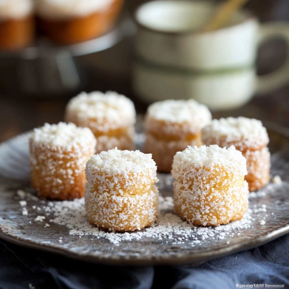 A plate of powdered sugar covered donuts.