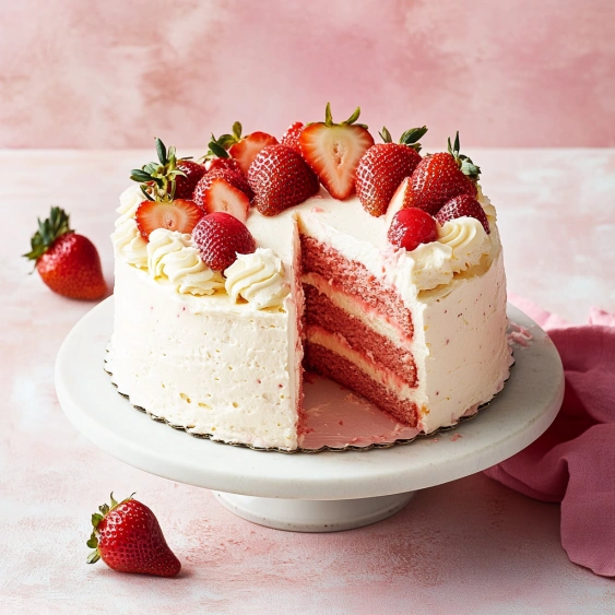 A slice of cake with strawberries on top.