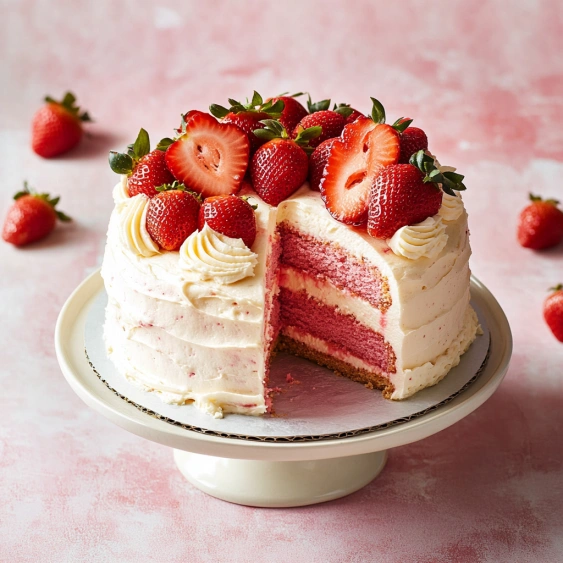 A slice of cake with strawberries on top.