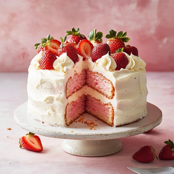 A slice of cake with strawberries on top.
