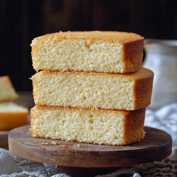 Three slices of cake stacked on a wooden board.