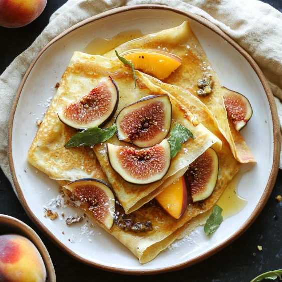 A plate of food with figs and peaches.