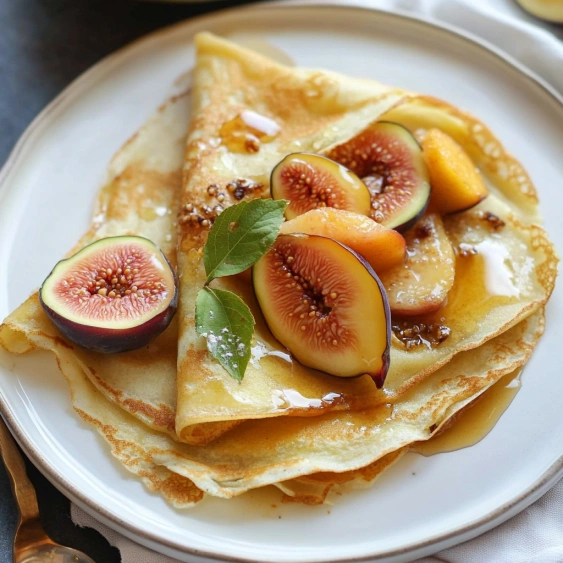 A plate of food with a fried egg, figs, and a sauce.