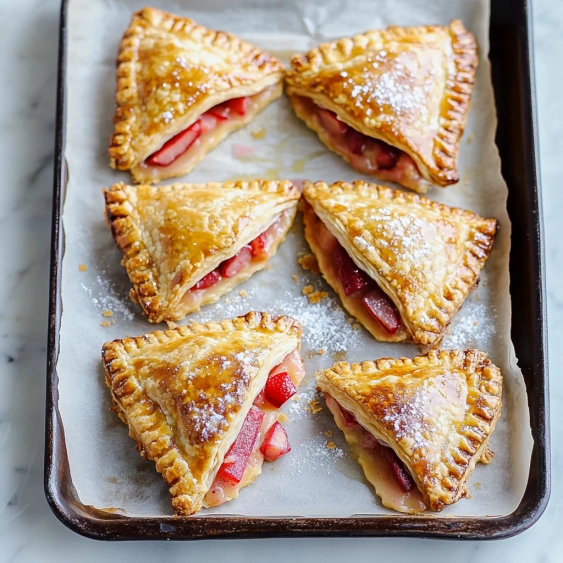 A tray of pastries with strawberries and powdered sugar.