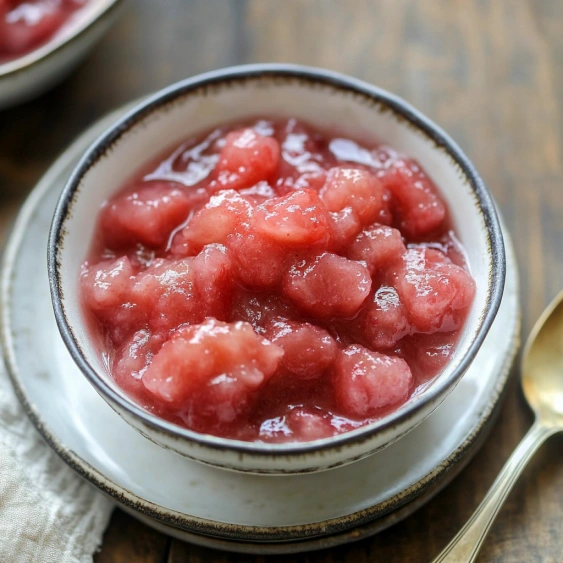 A bowl of red fruit with a spoon in it.