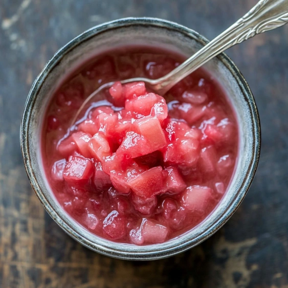 A bowl of red fruit with a spoon in it.