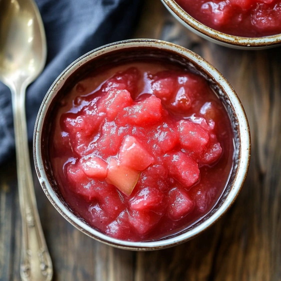 A bowl of red fruit with a spoon in it.