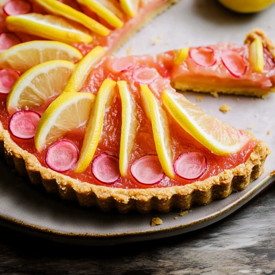 A slice of fruit pie with lemon slices on top.