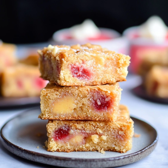 A stack of cake bars with red fruit topping.