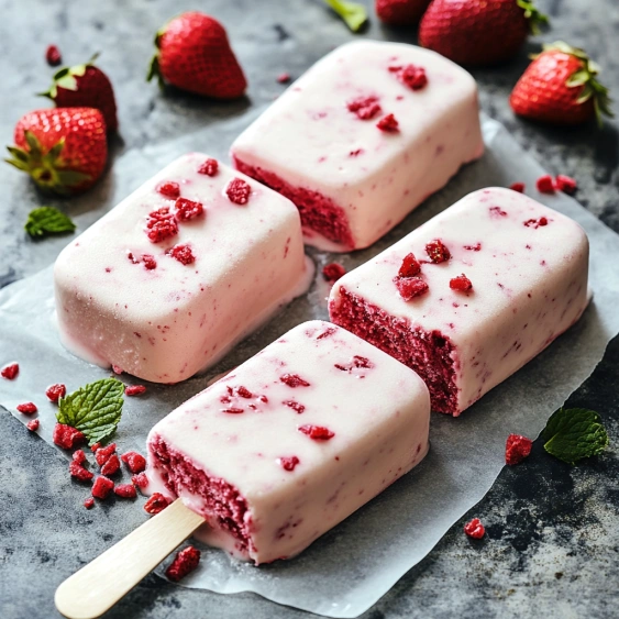 A pink and red dessert with strawberries on top.