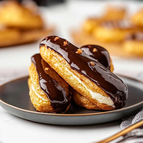 Chocolate covered cream filled pastries on a plate.