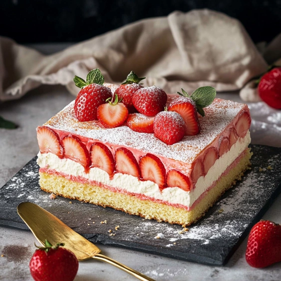 A slice of strawberry cake with powdered sugar on top.