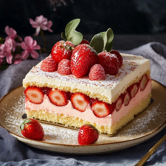 A slice of cake with strawberries on top.