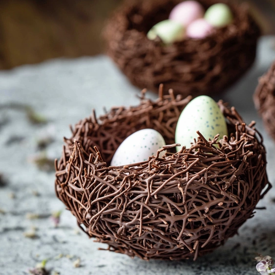 A bowl of chocolate wicker with eggs.