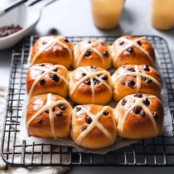 A tray of bread with chocolate chips and white icing.