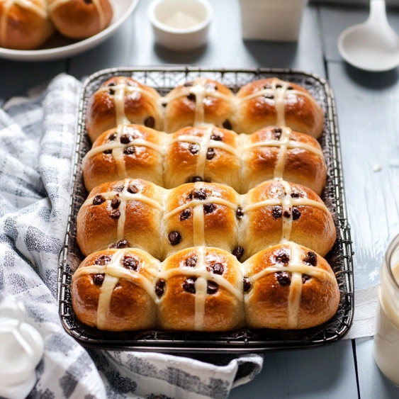 A tray of baked bread rolls.
