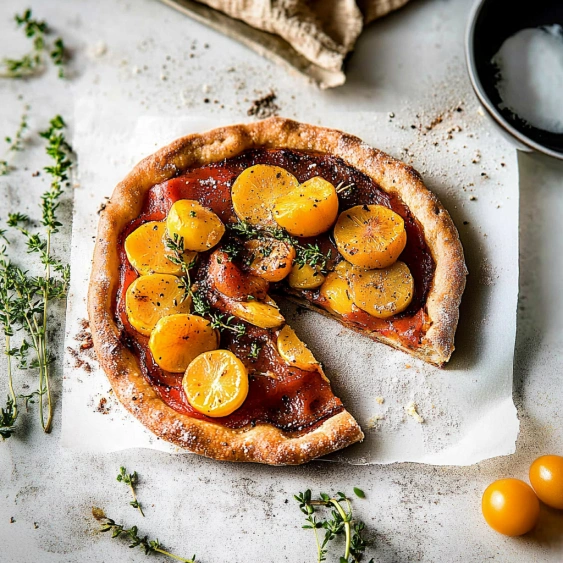 A slice of pizza with tomatoes and oranges.
