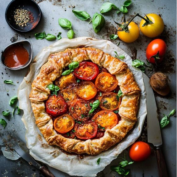 A pizza with tomatoes and basil on a table.