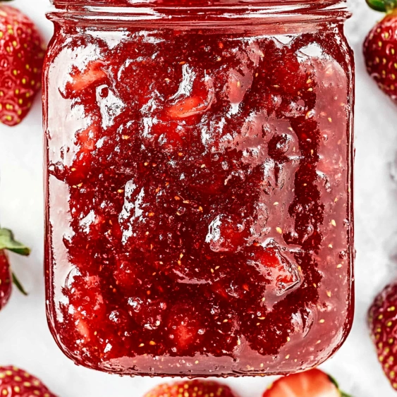 A jar of strawberry jam with strawberries in the background.