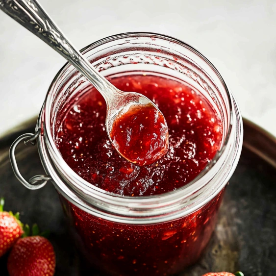 A spoon is in a jar of jam.