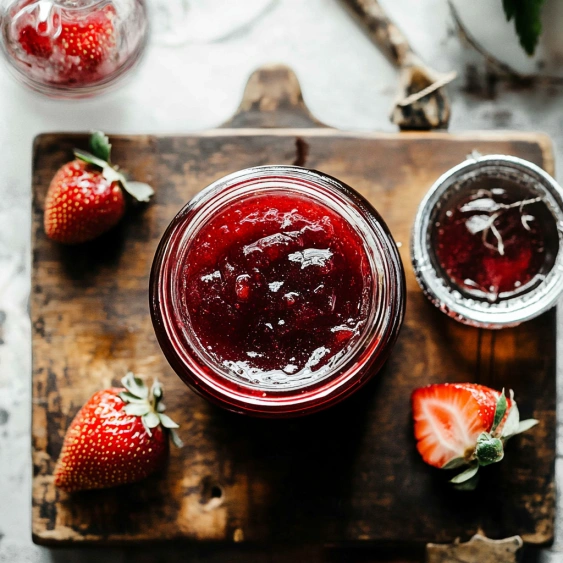 A jar of jam with strawberries on a table.
