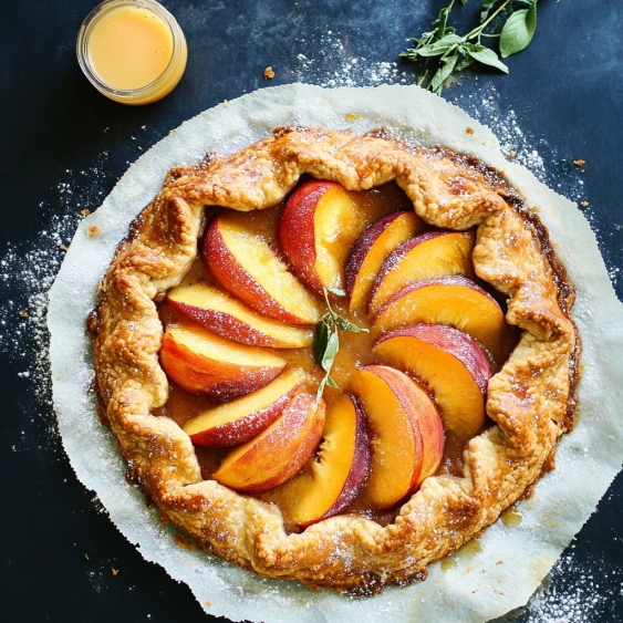A pie with a peach center and a leaf on top.